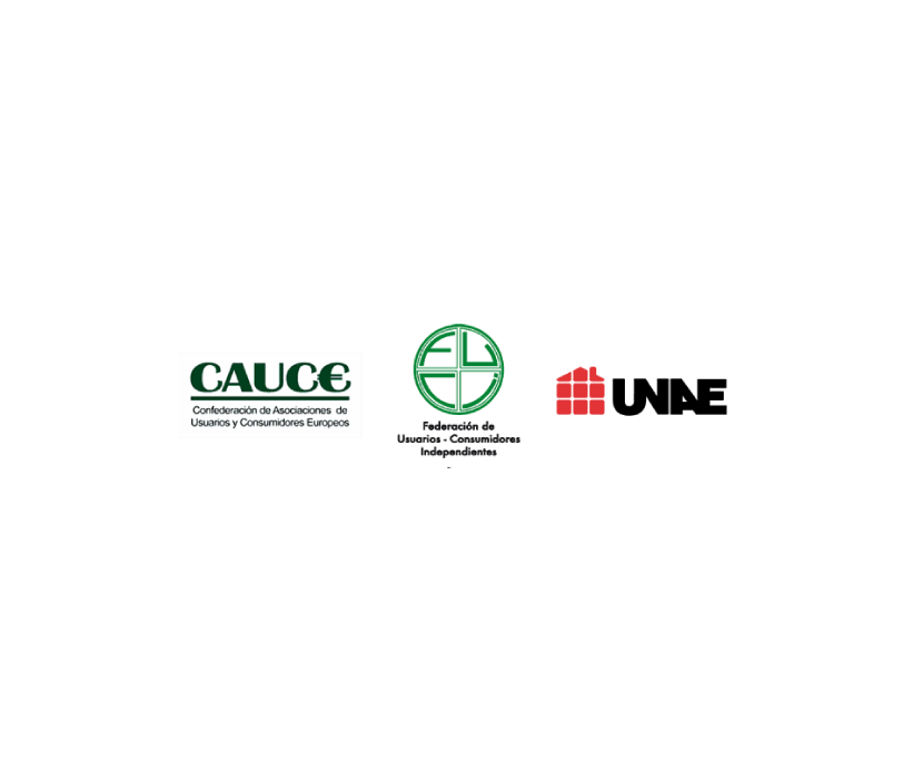 Varios logos: CAUCE, UNAE y Federación de Usuarios - Consumidores Independientes